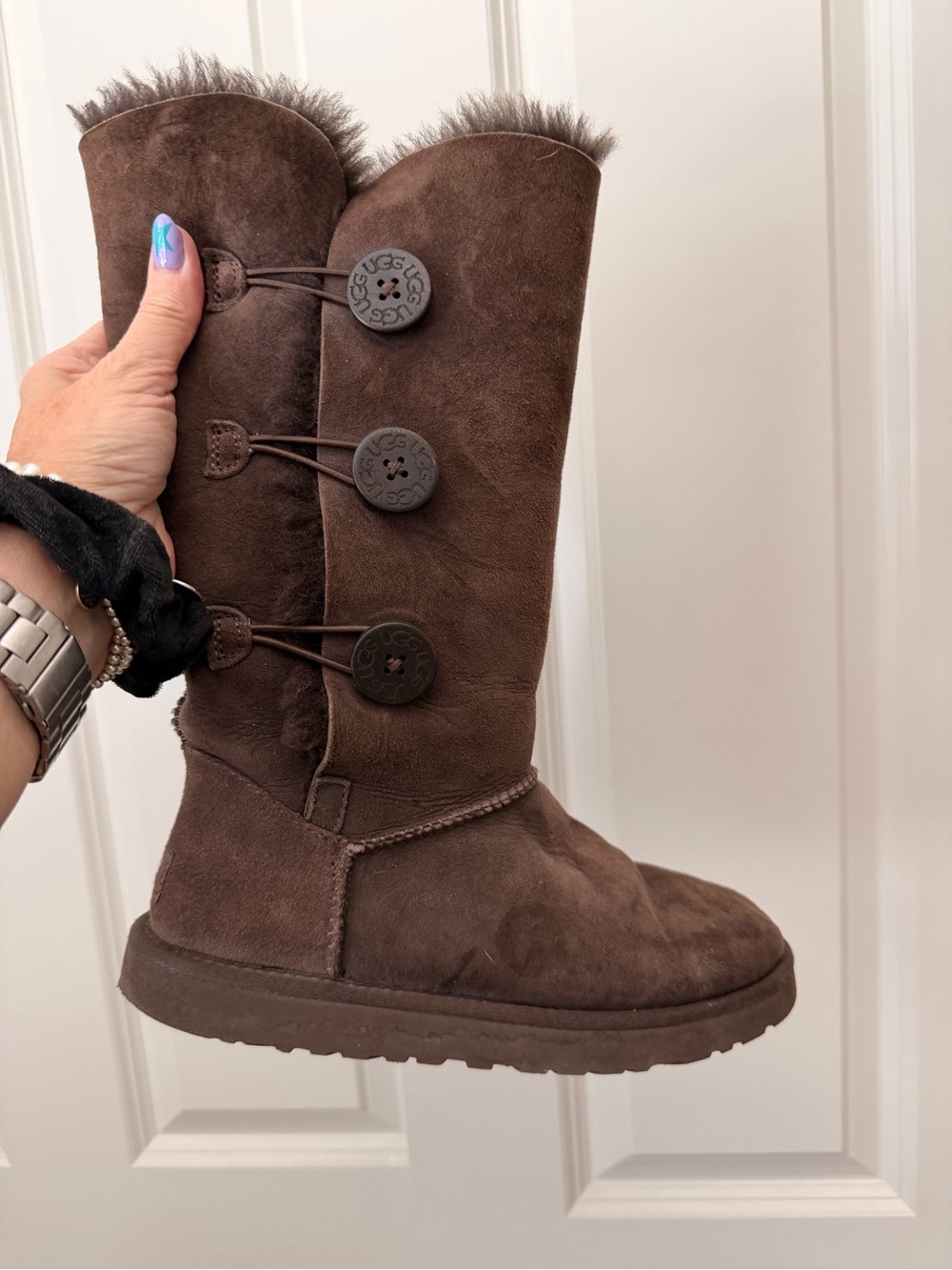 UGG Button-Trim Tall Bailey Boots in Dark Brown - Picture 2 of 5